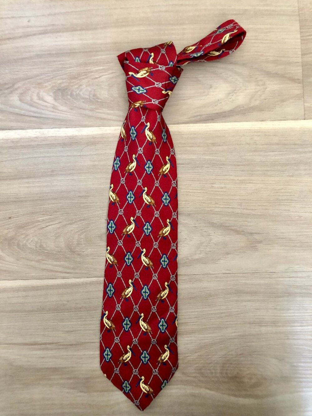 Eximious Men's Red Tie with Pelican Motif, Made in Italy